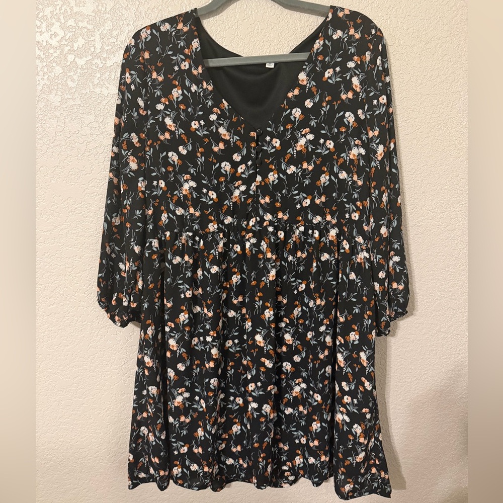 Floral Black Dress with Orange and White Accents